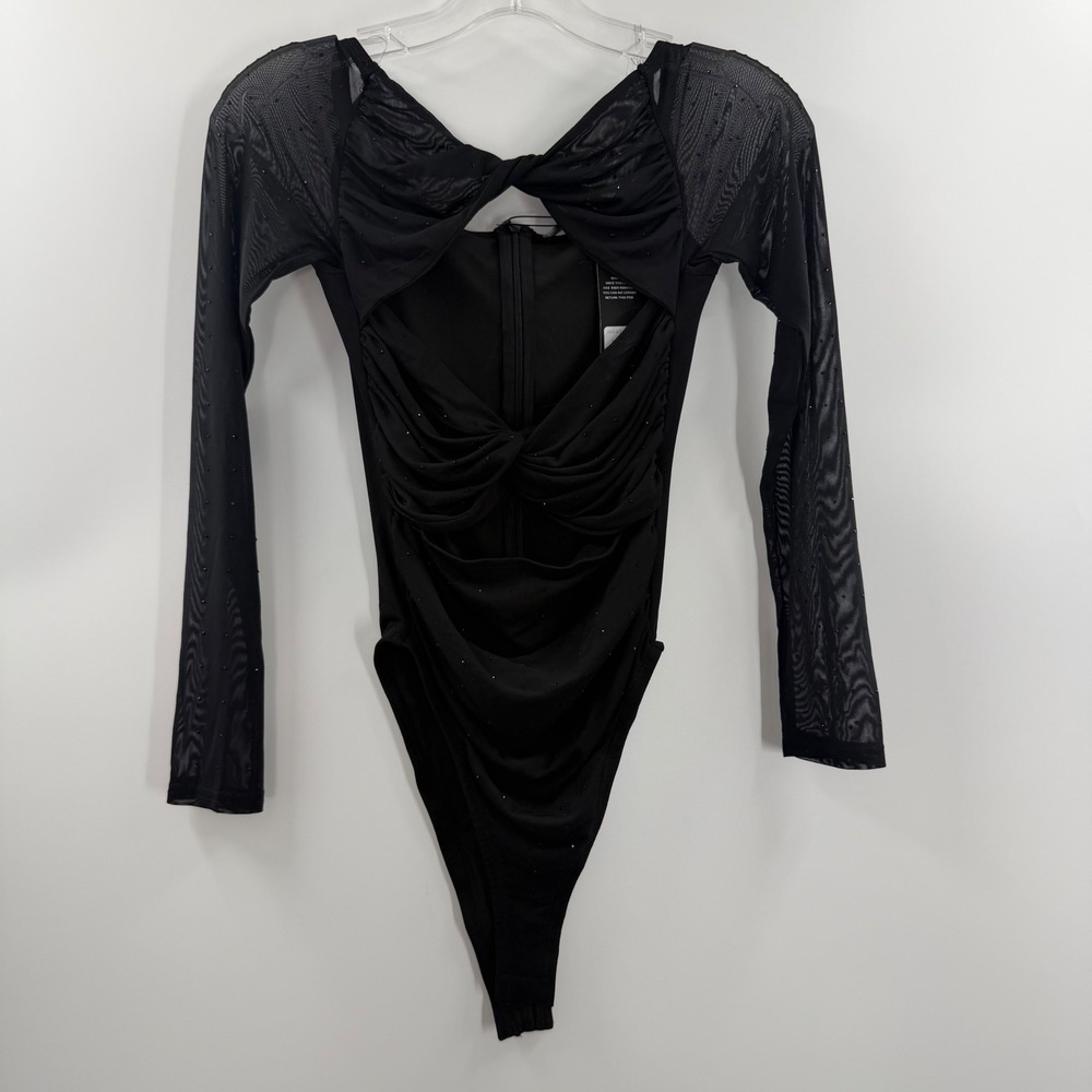 Fashion Nova Cleo Black Off Shoulder Rhinestone Mesh Ruched Bodysuit Small NEW